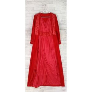 Vintage 60s Pinehurst Peignoir Lingerie Set Red Embroidered Nightgown Robe Set S